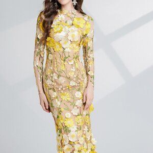 Floral Embroidered Mesh Long Sleeve Midi Dress | New Sheath Formal Dress